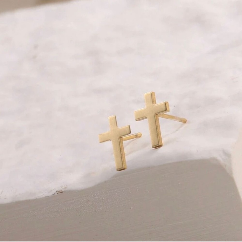 Gold Plated Stainless Steel Cross Stud Earrings - Picture 3 of 4